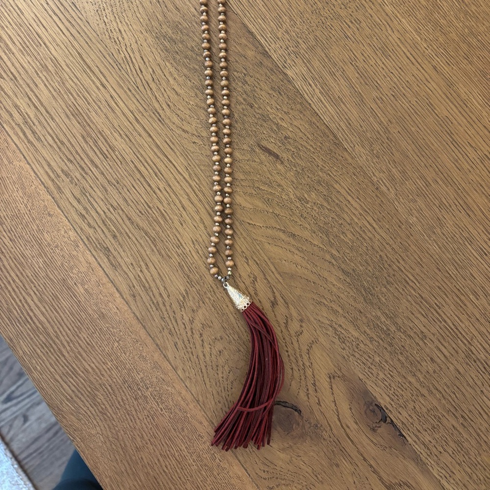 Chic Beaded Necklace with Burgundy Tassel